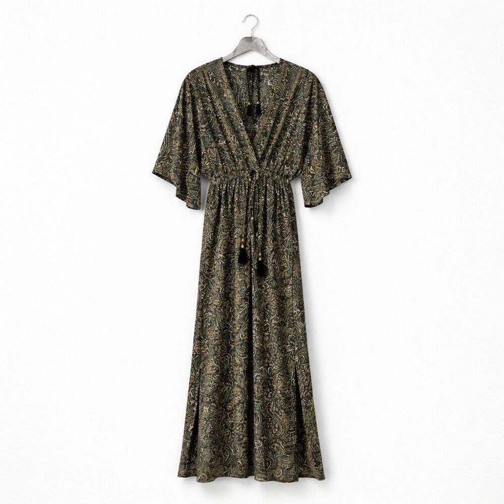 Silk Paisley Kimono Sleeve Maxi Dress Green Coastal Boho V-Neck Slit M/L